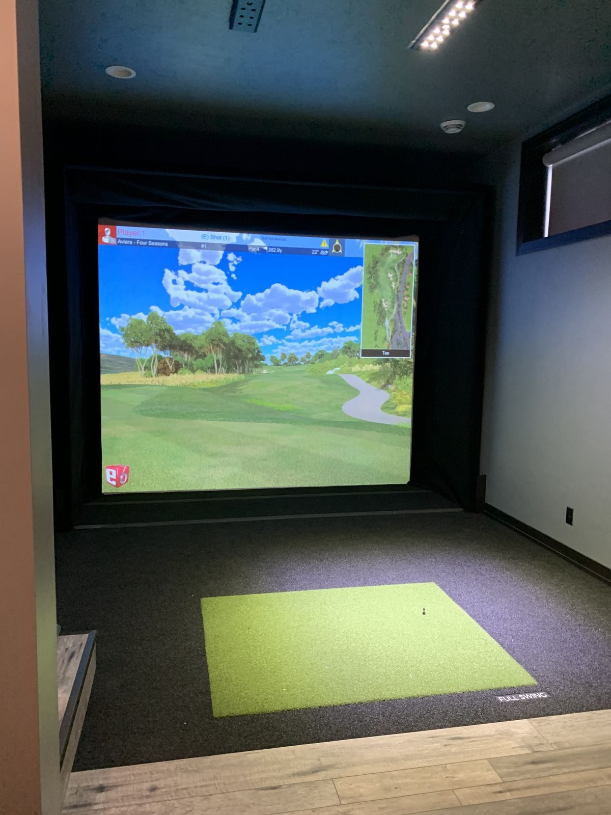 Home golf simulator room with dark walls and wood flooring