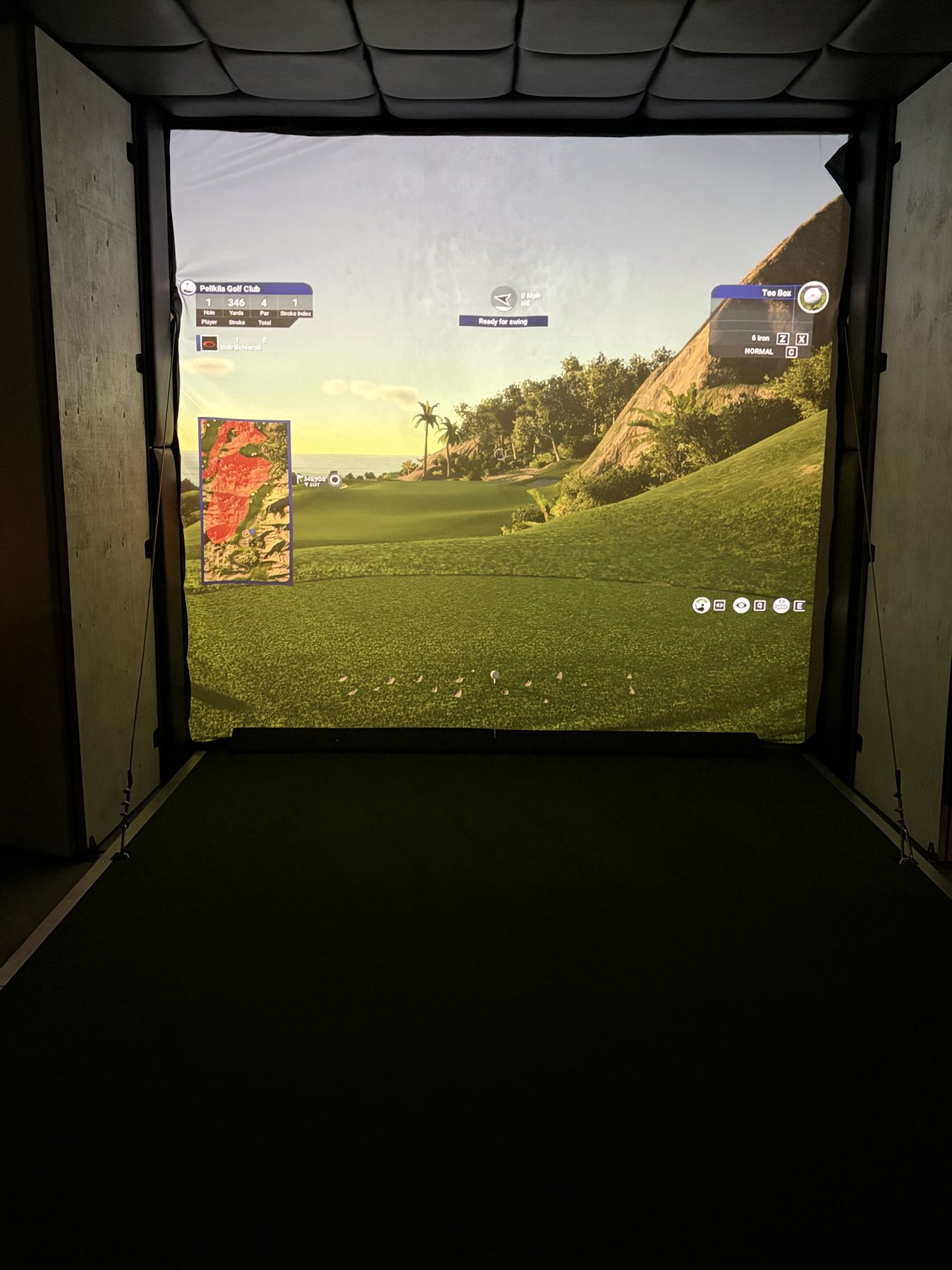 Garage golf simulator enclosure with side curtain